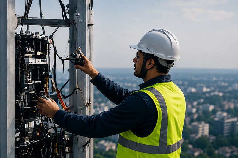 Técnico realizando mantenimiento de infraestructura de telecomunicaciones en campo